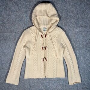 VTG Banana Republic Lambswool Cable Knit Toggle Hooded Cardigan Sweater M Cream